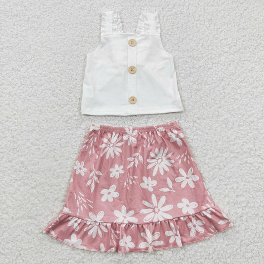 GSD0270 Baby Girls White Vest Floral Pink Skirt Set