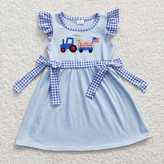 GSD0279 National Day Embroidered Car Dog Blue Dress with Flying Sleeves