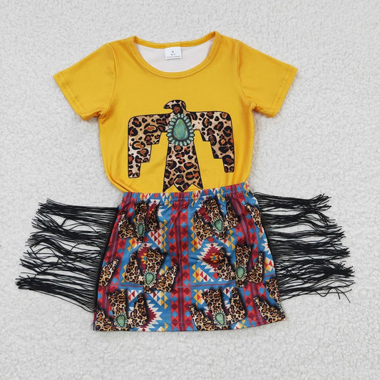 GSD0287 Baby Girls Leopard Gemstone Eagle Short Sleeve Tassel Set