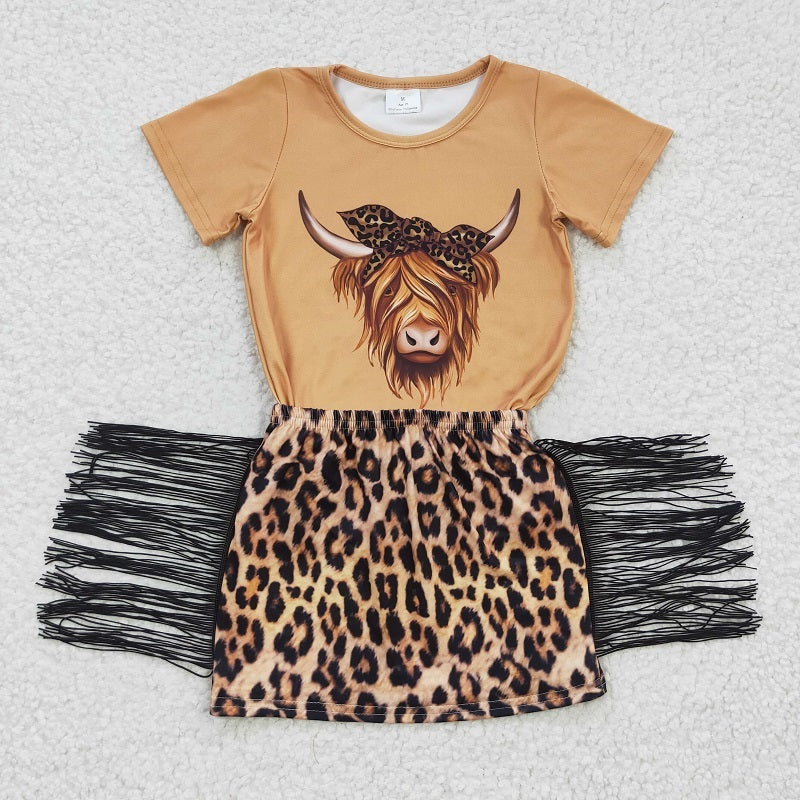 GSD0301 Baby Girls Alpine Short Sleeve Leopard Print Fringe Skirt Set