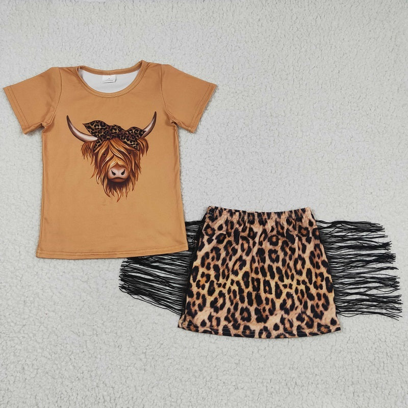 GSD0301 Baby Girls Alpine Short Sleeve Leopard Print Fringe Skirt Set