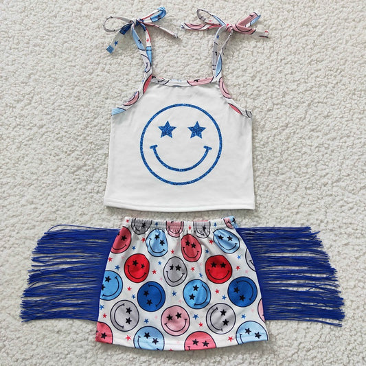 GSD0325 Baby Girls Smiley Sling Blue Tassel Skirt Set