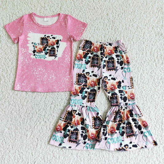GSPO0026 Pink Bull Head Short Sleeve Flared Pants Suit