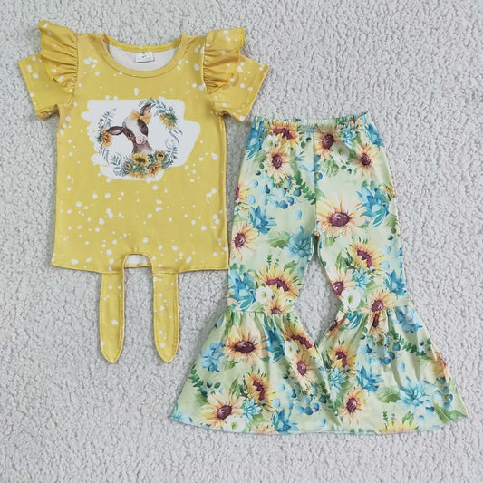 GSPO0089 Cow Sunflower Yellow Short Sleeve Pants Set