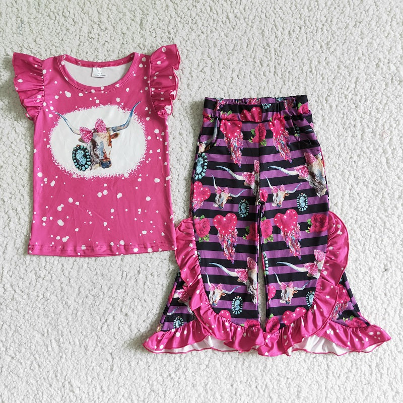 GSPO0102 Girls' Cow Bow Jeweled Rose Red Short Sleeve Trousers Suit