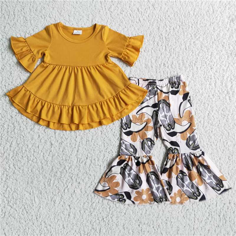 GSPO0104 Girls Western Cowboy Brown Short Sleeve Pants Set