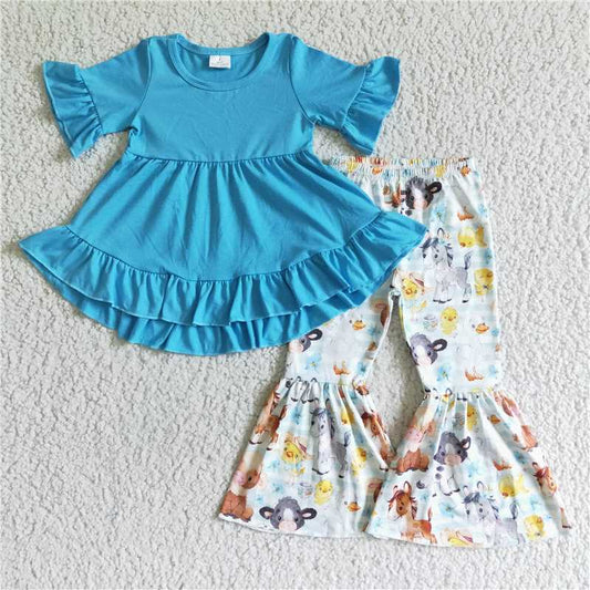 GSPO0112 Girls Farm Horse Cow Blue Short Sleeve Trousers Suit