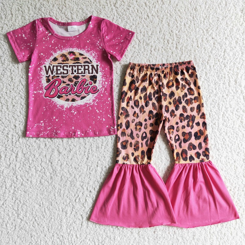 GSPO0125 Girls' rose red short-sleeved leopard print trousers suit