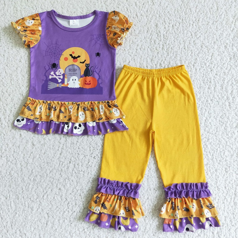 GSPO0137 Girls Halloween Pumpkin Ghost Purple Short Sleeve Pants Set