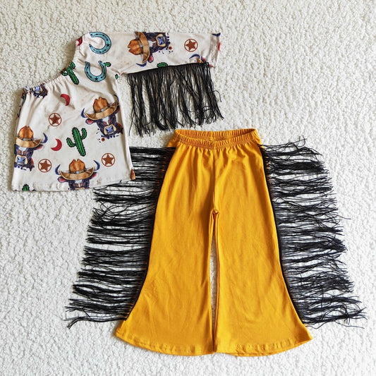 GSPO0142 Girls Cow Cactus Tassel Single Sleeve Pants Set