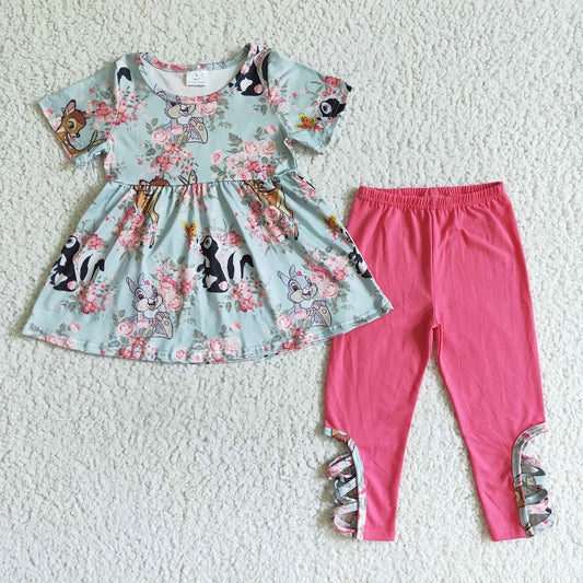 GSPO0154 Girls Flower Fawn Animal Short Sleeve Pants Set