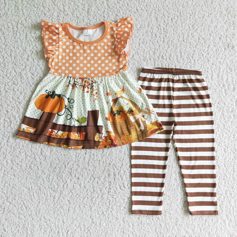 GSPO0173 Autumn Pumpkin Polka Dot Flying Sleeve Pants Set