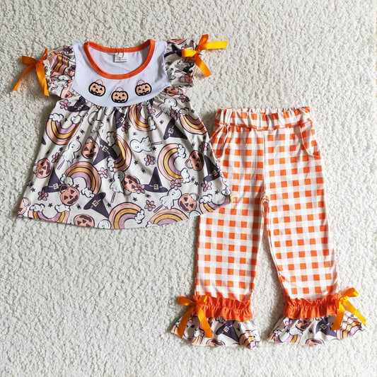 GSPO0176 Halloween Girls Rainbow Embroidered Pumpkin Short Sleeve Pants Set