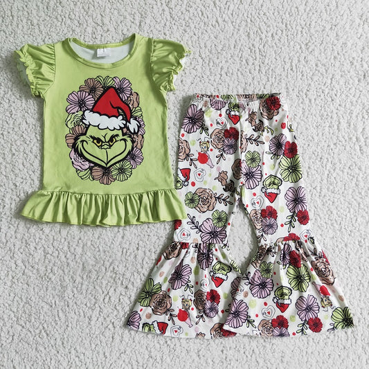 GSPO0179 girl christmas cartoon flower short sleeve trousers suit D 1021