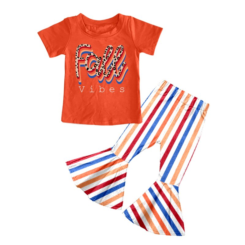 GSPO0186 Girls Fall Orange Short Sleeve Striped Trousers Suit