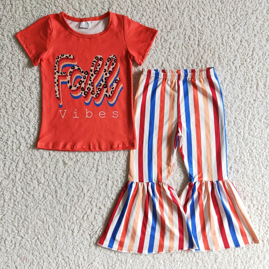 GSPO0186 Girls Fall Orange Short Sleeve Striped Trousers Suit