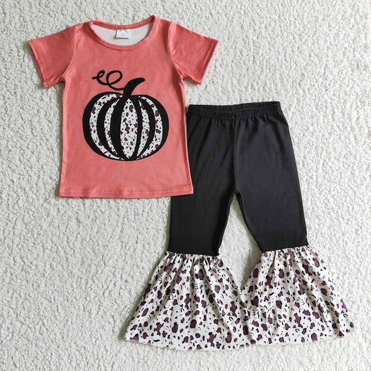 GSPO0190 Girls' ink-wash pumpkin short-sleeved trousers suit