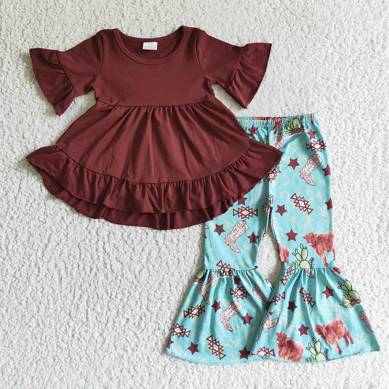 GSPO0192 Girls' Burgundy Short Sleeve Alpine Cow Trousers Suit