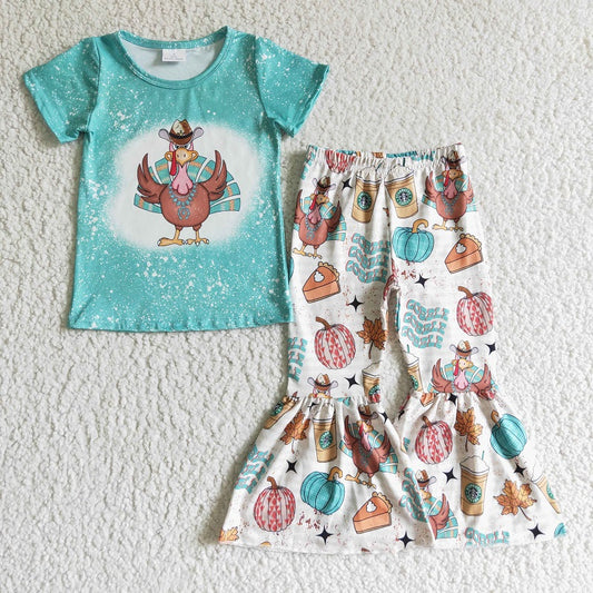 GSPO0195 Girls Thanksgiving Turkey Blue Short Sleeve Pants Set