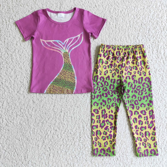 GSPO0199 Girls Mermaid Tail Short Sleeve Green Leopard Pants Suit