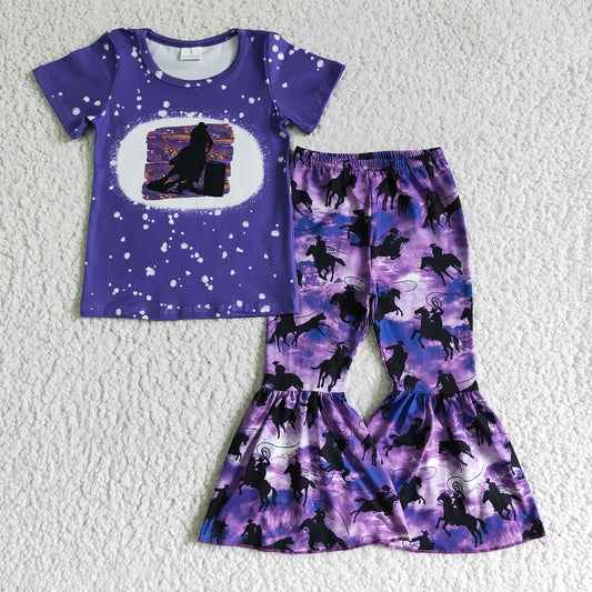 GSPO0203 Girls Western Denim Purple Short Sleeve Trousers Suit