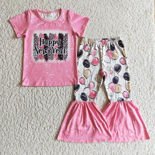 GSPO0204 Girls Happy New Year Pink Short Sleeve Pants Set