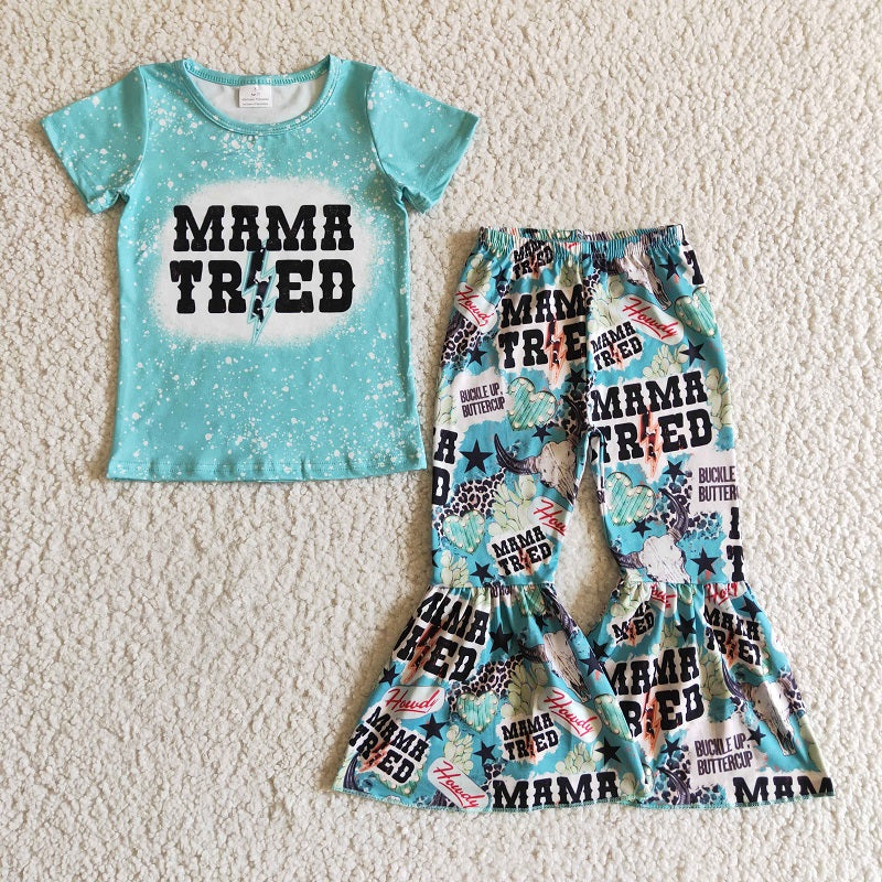 GSPO0211 Girls MAMA TRIED Blue Short Sleeve Trousers Set