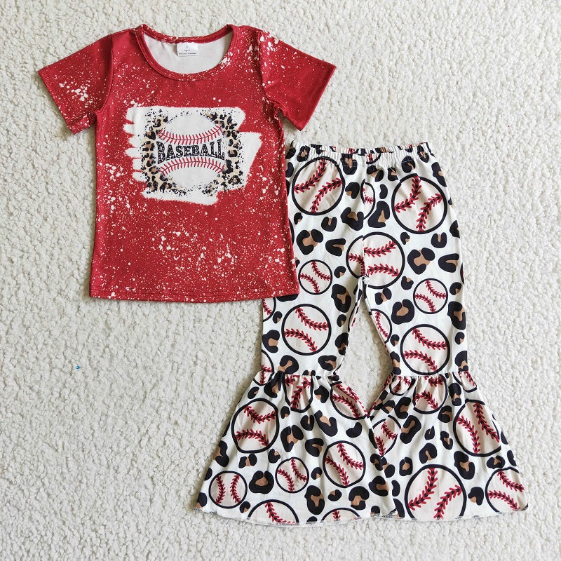 GSPO0217 Girls BASEBALL Leopard Baseball Red Short Sleeve Trousers Set