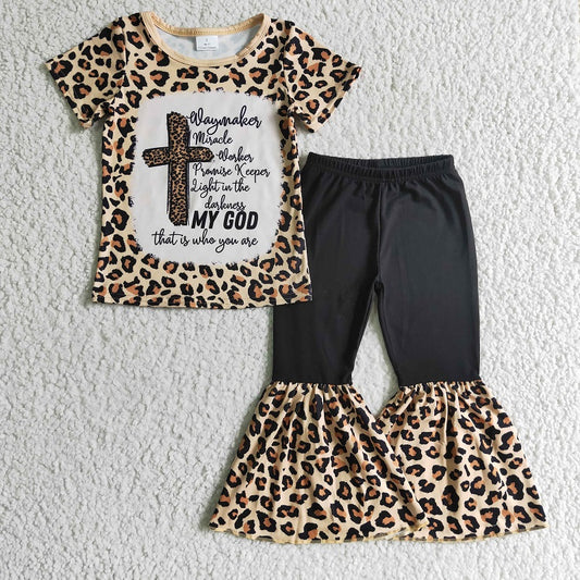 GSPO0218 Girls Leopard Print Cross Short Sleeve Trousers Suit