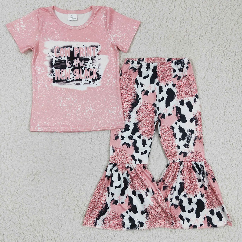 GSPO0223 Girls cow print pink cow pattern short-sleeved trousers suit