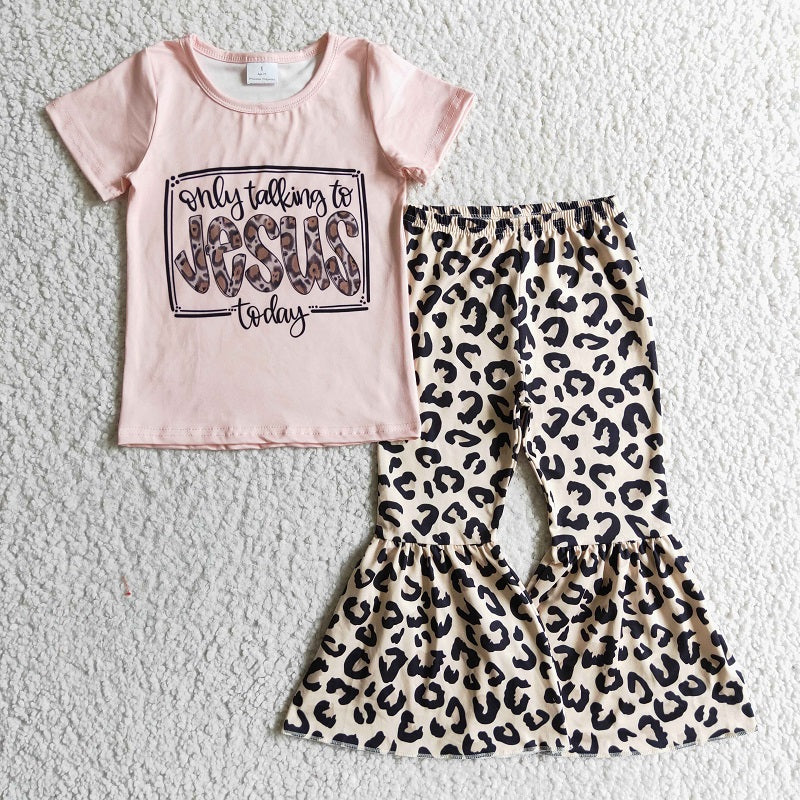 GSPO0226 Girls Jesus Pink Short Sleeve Leopard Pants Suit