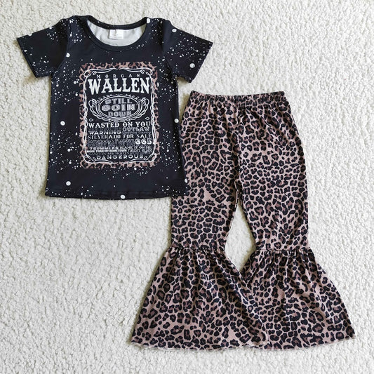 GSPO0227 Girls WALLEN Black Leopard Short Sleeve Pants Set