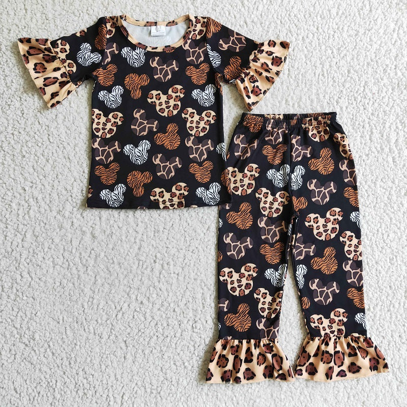 GSPO0229 Girls Leopard Print Head Short Sleeve Pants Set