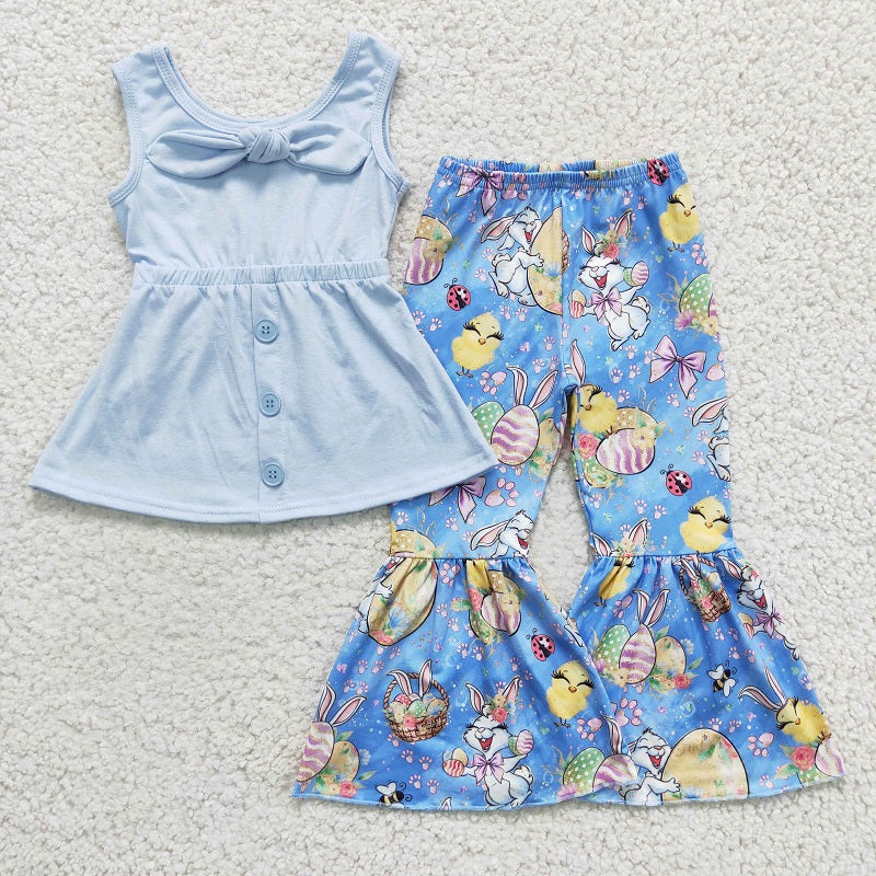 GSPO0233 Girls Blue Rabbit Flower Short Sleeve Trousers Suit