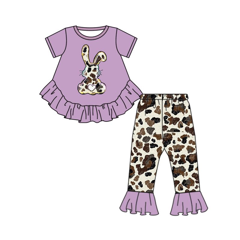 GSPO0238 Girls' Cow Print Rabbit Purple Short Sleeve Trousers Suit