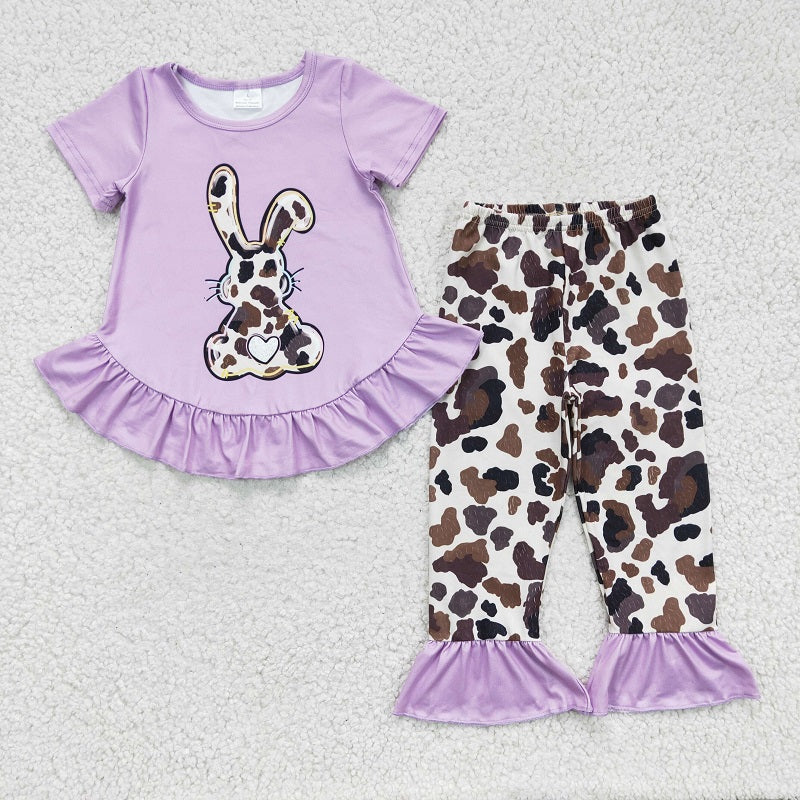 GSPO0238 Girls' Cow Print Rabbit Purple Short Sleeve Trousers Suit