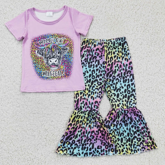 GSPO0240 Girls Alpine Cow Color Leopard Short Sleeve Pants Set
