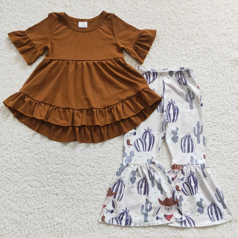 GSPO0242 Girls Cactus Brown Short Sleeve Pants Set