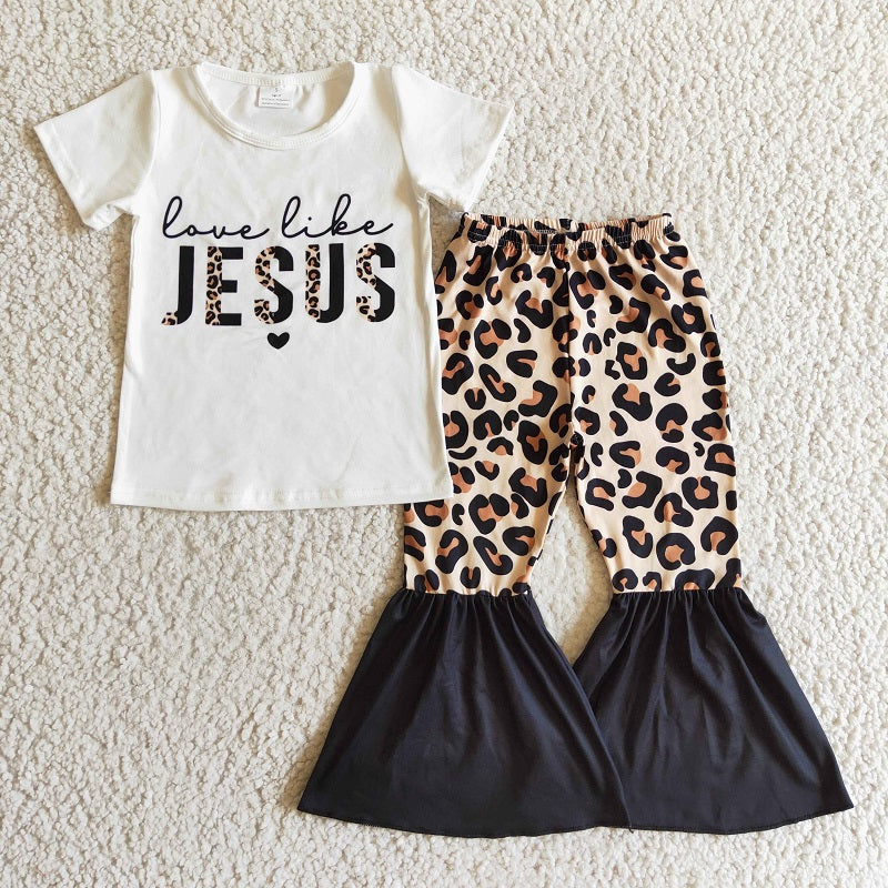 GSPO0243 Girls JESUS Leopard Short Sleeve Pants Set