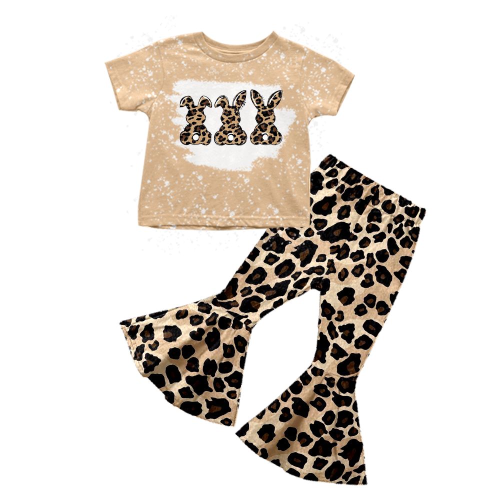 GSPO0245 Girls Leopard Print Three Rabbits Short Sleeve Pants Set