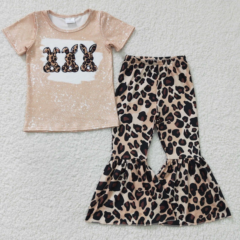 GSPO0245 Girls Leopard Print Three Rabbits Short Sleeve Pants Set