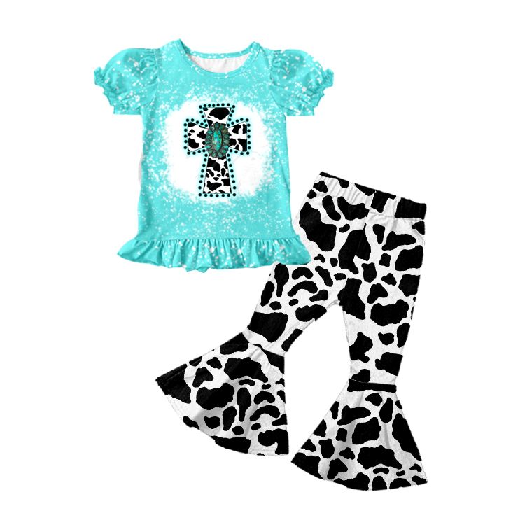 GSPO0246 Girls' Cow Pattern Jeweled Cross Short Sleeve Pants Set