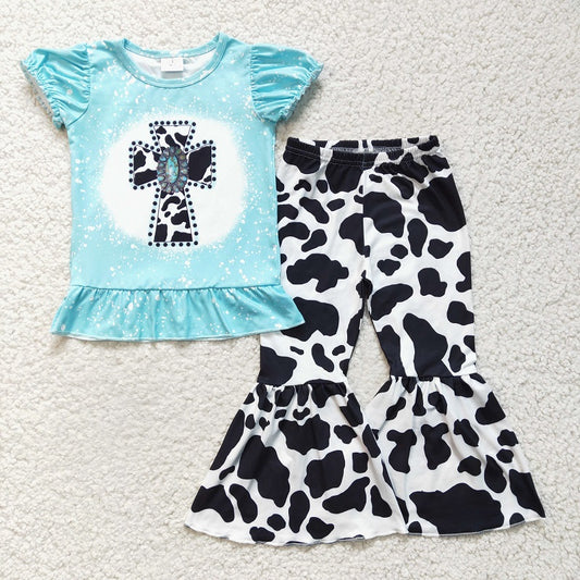 GSPO0246 Girls' Cow Pattern Jeweled Cross Short Sleeve Pants Set