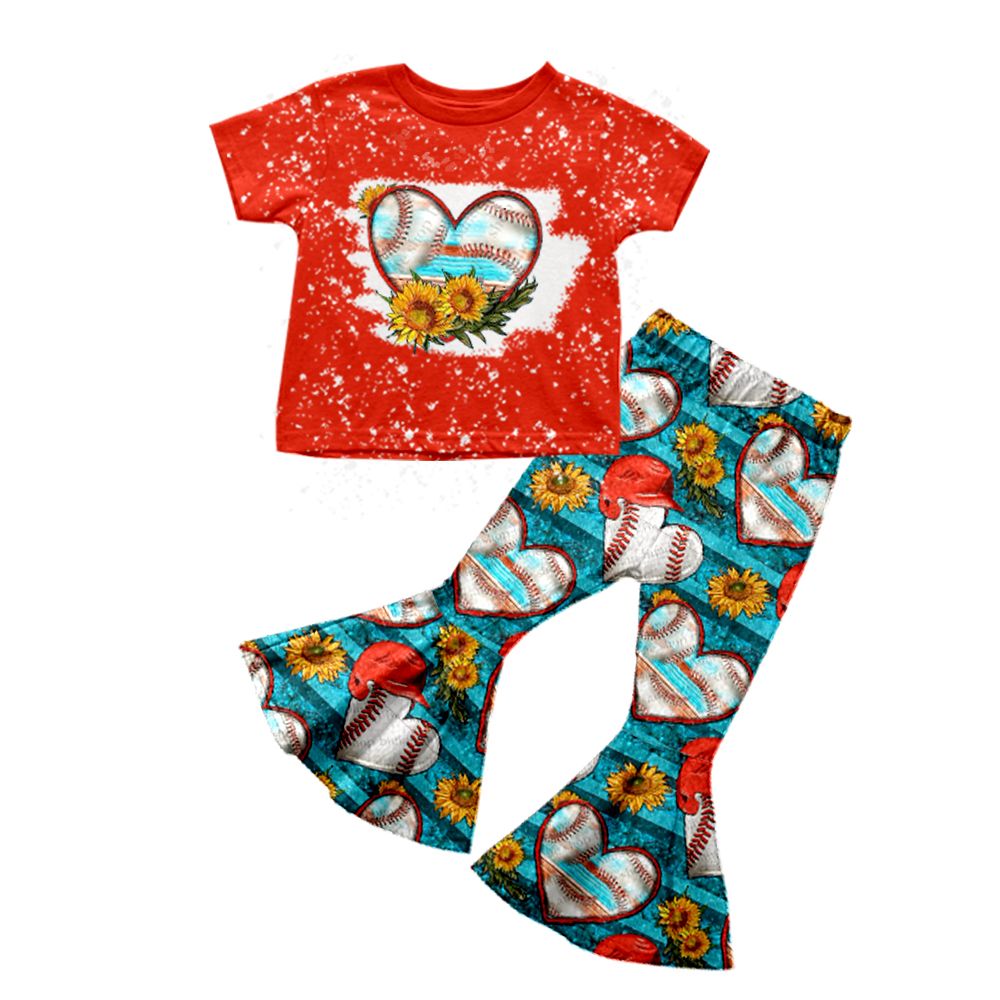 GSPO0252 Girls Heart Baseball Sunflower Red Short Sleeve Pants Set