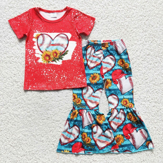 GSPO0252 Girls Heart Baseball Sunflower Red Short Sleeve Pants Set