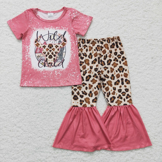 GSPO0254 Girls Leopard Print Bull Head Pink Short Sleeve Trousers Suit