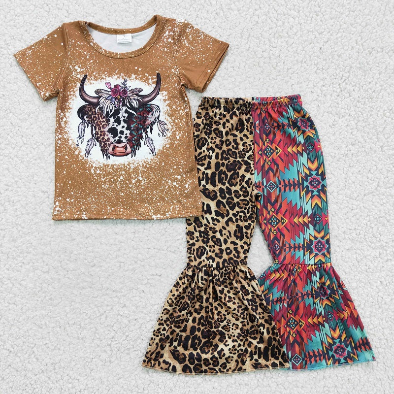 GSPO0263 Girls' Alpine Cow Leopard Print Geometric Cow Print Short Sleeve Trousers Suit