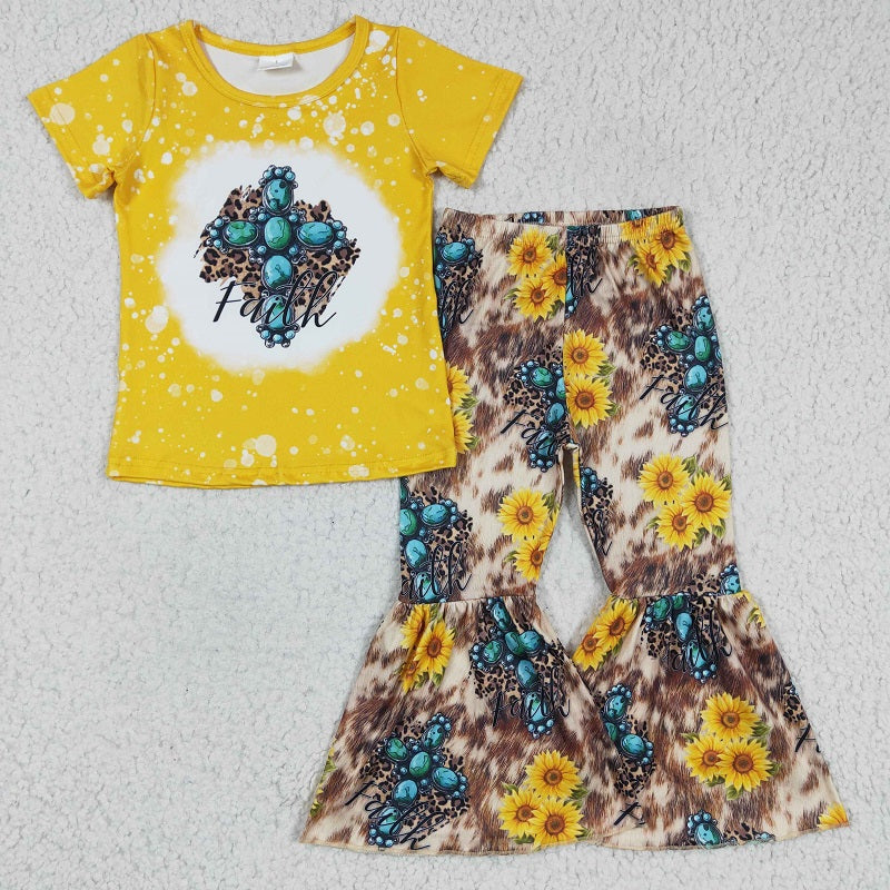 GSPO0269 Baby Girls Jewel Sunflower Yellow Short Sleeve Pants Set