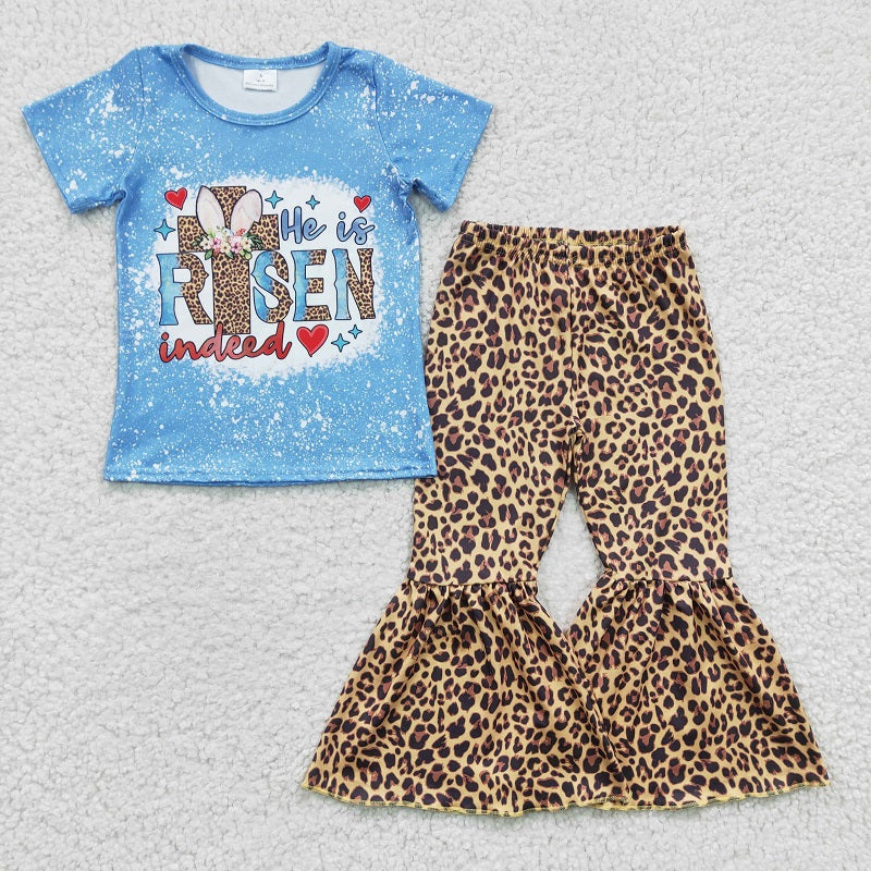 GSPO0274 Girls Leopard Cross RISEN Blue Short Sleeve Pants Set