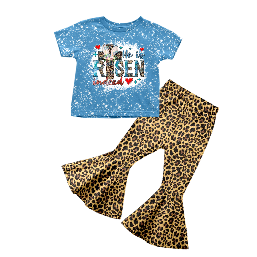 GSPO0274 Girls Leopard Cross RISEN Blue Short Sleeve Pants Set